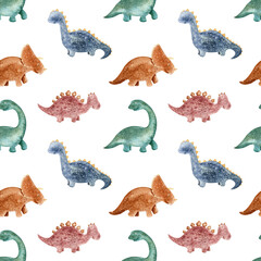 Seamless pattern with cartoon dinosaurs on a white background. Drawn colored dinosaurs for children's room and textiles. Children's illustration
