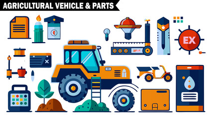 Colorful set of orange and blue agricultural vehicles and various parts showcasing farm machinery components and equipment on transparent background.