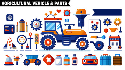 Comprehensive set of blue and orange agricultural vehicles and various parts showcasing farm machinery components and equipment on transparent background.