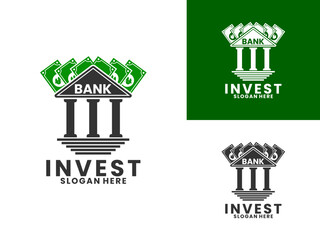 Bank building with money logo design vector template. Deposit bank logo icon