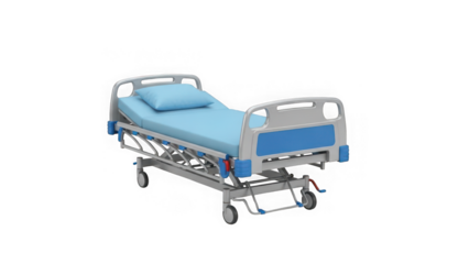 Hospital bed with blue mattress on transparent background isolated
