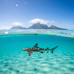 Ocean Shark Near Island.