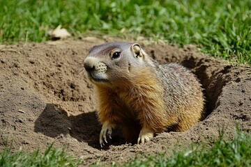 Groundhog in playful pose with raised paw, surrounded by grass and autumn leaves, capturing a humorous moment related to Groundhog Day