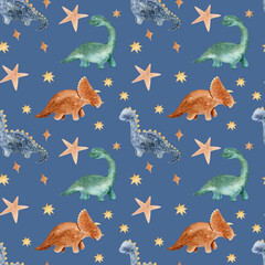 Seamless pattern with cartoon dinosaurs on a blue background. Drawn colored dinosaurs for children's room and textiles. Children's illustration