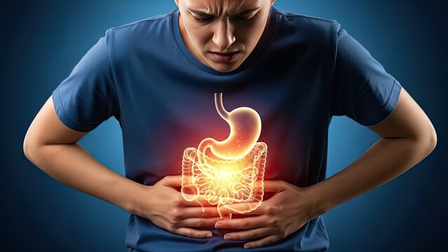 Man suffering from severe stomach pain and digestive issues.