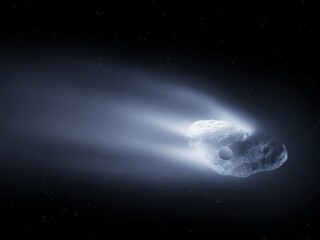 Comet nucleus in space. Surface of a large comet illuminated by the sun. Celestial body in the solar system.