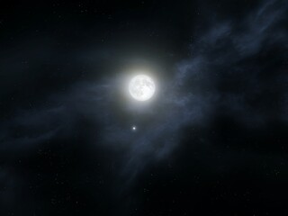 Full moon in the sky next to the planet Saturn. Bright moon at night with bright star. Astronomical landscape.