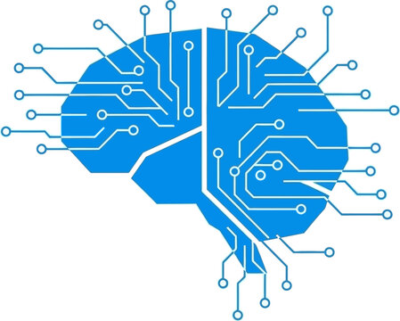 Blue brain outline with integrated circuits, symbolizing artificial intelligence, neural networks, and computational thinking for modern technology