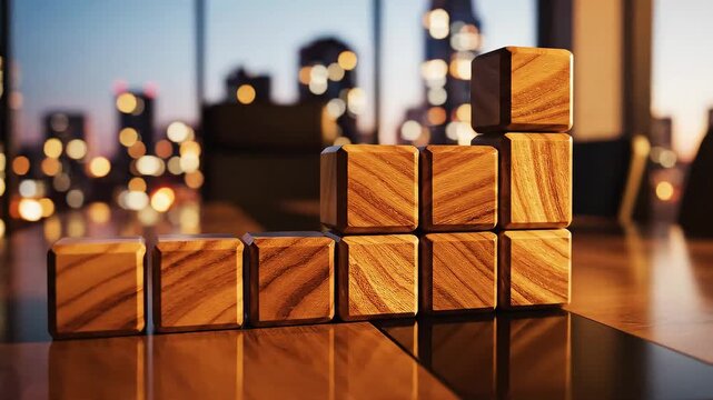 Wooden blocks in Tetris formation against city skyline