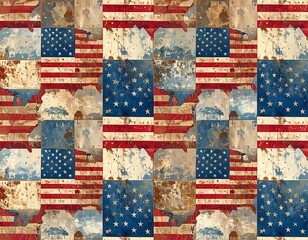 Patriotic quilt pattern, combining flag elements on weathered surfaces