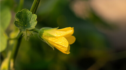 Yellow melon flower growing on a vine, symbolizing growth, agriculture, and organic farming practices in a garden with natural sunlight, copy space