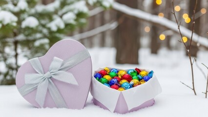 Heart-shaped box filled with colorful candies in a snowy winter landscape for valentine's day