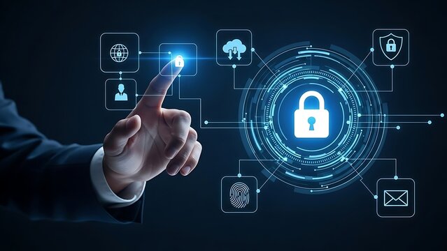 Businessman interacting with a futuristic digital interface with a glowing blue lock and various icons on a dark background with a sense of cybersecurity and technology - Powered by Adobe