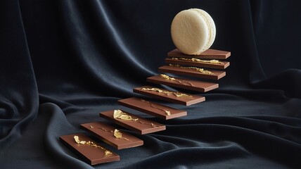 Luxurious chocolate bars with gold flakes arranged like stairs, topped with a delicate macaron against a dark, elegant backdrop.