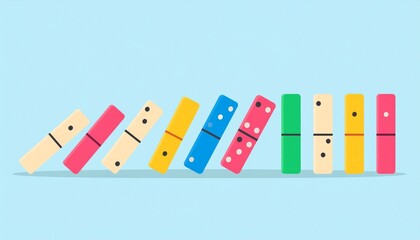 Colorful dominoes falling in a row on light blue background