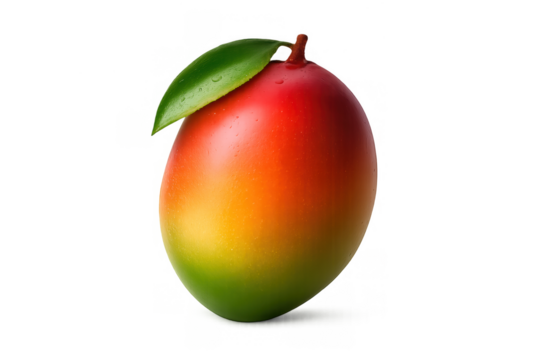 Ripe whole mango fruit with a green leaf and water drops, showing vibrant tropical colors on transparent background - Powered by Adobe