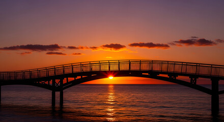 Captivating Evening Glow A Graceful Bridge Silhouetted Against a Fiery Sunset Over Tranquil Coastal Waters