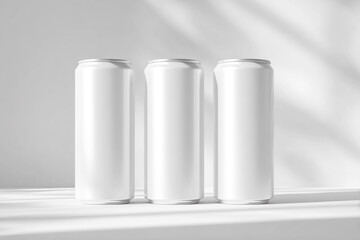 White Energy Drink Can Mockups on Light Grey Background &ndash; Realistic 3D Rendering.