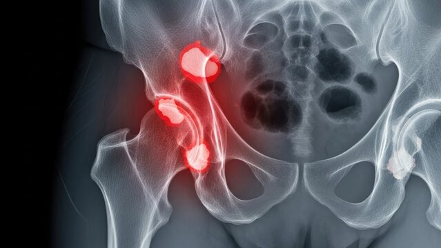 X-ray of human pelvis showing hip joint pain and inflammation.