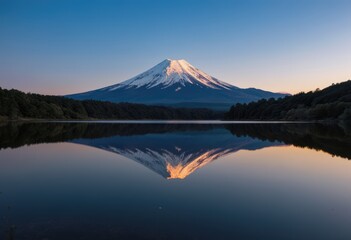 Fototapeta premium Majestic mount fuji at sunrise with perfect reflection on calm lake