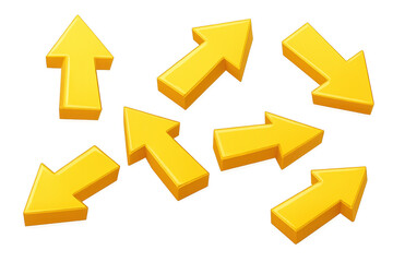 Yellow glossy 3d arrow set pointing in different directions, navigating the way, transparent background