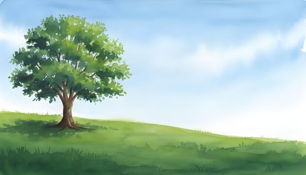 A serene tree stands alone on a lush green hill under a clear blue sky - Powered by Adobe