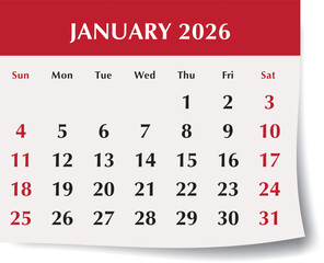 January 2026 calendar month. Monthly vector illustration of English calendar page