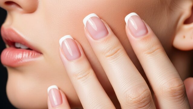 Woman with smooth skin and french manicure. Natural makeup and perfect nails. Beauty and cosmetic care concept for skin and hands.