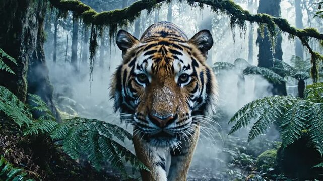 Majestic Tiger Prowling Through Misty Jungle Forest with Sunbeams