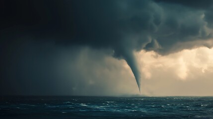 Tornado over water creating dramatic waterspout, dark storm clouds, extreme weather, turbulent sea, natural disaster, powerful atmospheric phenomenon, intense and moody scene