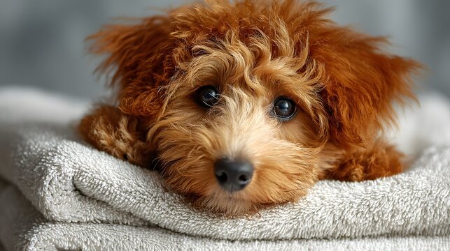 Cute apricot poodle puppy resting its paws on a stack of soft folded towels in a spa setting with soft diffuse lighting and expression.