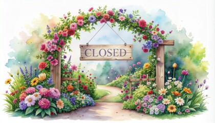 Vibrant floral archway with closed sign on wooden gate in garden