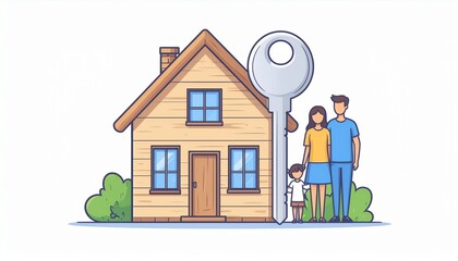 Happy family standing in front of their new home with a large key