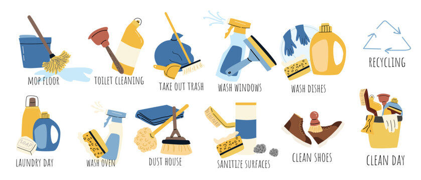 Cleaning tools, detergents stickers set. Vector illustration in cartoon flat style. House Equpment, dusts for clean home, laundry items. Housework elements set, cleaning supplies collection