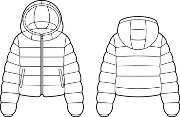 Front and back view of a black and white hooded puffer jacket illustration Keywords: jacket, puffer jacket, hooded jacket © Creatives Mind