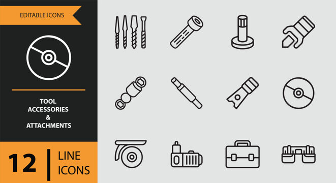 Line icons of various tool accessories and attachments for construction and diy projects