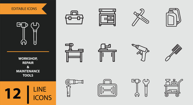 Collection of workshop, repair, and maintenance tools presented as line icons