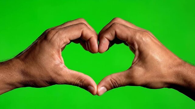 Hands forming heart shape symbol of love isolated on green background