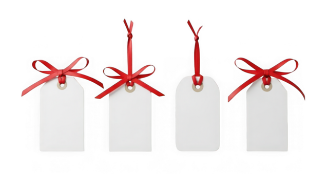 Four white gift tags with red ribbons on transparent background isolated - Powered by Adobe