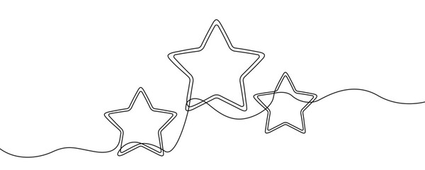 Three five-pointed stars arranged horizontally in a row, possibly symbolizing rating or quality. Drawing in one line art style with editable black stroke. Vector illustration.