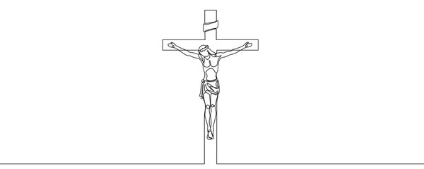 An image of Jesus Christ on the cross, the crucifixion, with a crown of thorns and a loincloth. A symbol of Christianity, faith, and Easter. Drawing in one line art style with editable black stroke. V