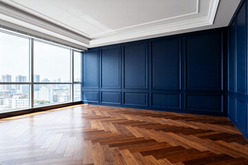 Obraz premium Empty Modern Blue Paneled Room with Parquet Flooring