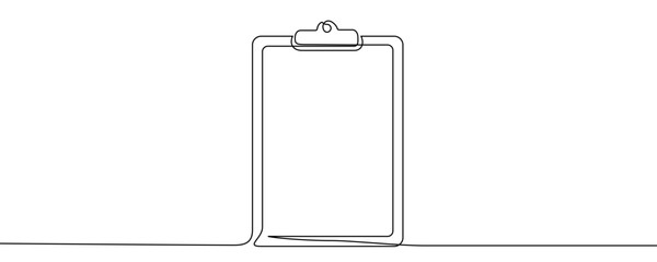 A vertically oriented clip board with a clip at the top. A symbol of a document, list, report, or registration. Drawing in one line art style with editable black stroke. Vector illustration.