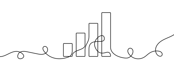A bar chart with four gradually increasing bars, symbolizing progress, growth, success, or a network signal. Drawing in one line art style with editable black stroke. Vector illustration.