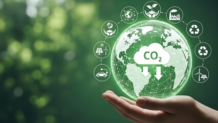 Hand holding green earth with eco friendly symbols and co2 cloud on a natural background with trees
