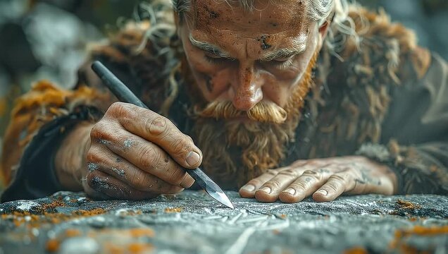Craftsman etching runes on ancient stone, historical storyteller artisan