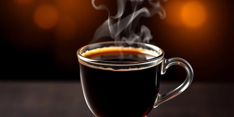 Steaming cup of rich black coffee, vector art,  beans,  aroma
