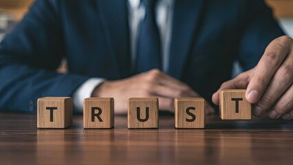 Building Blocks of Trust: A person meticulously arranges wooden blocks to spell out TRUST, embodying the foundational principle of confidence and reliability in business.