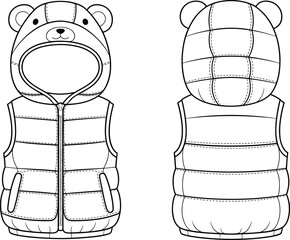 Front and back view of a white puffer vest with a bear face hood Keywords: vest, puffer vest, sleeveless, jacket, bear, animal © Creatives Mind