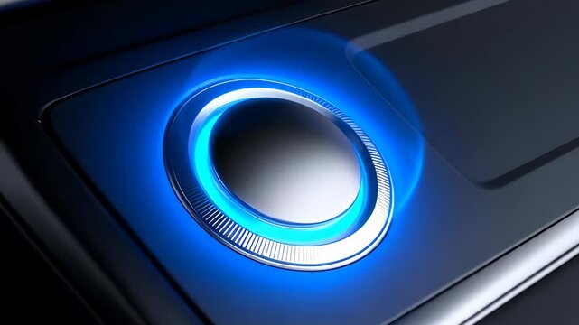 Futuristic Blue Glowing Power Button on Dark Control Panel High-Tech Device Activation Modern Design